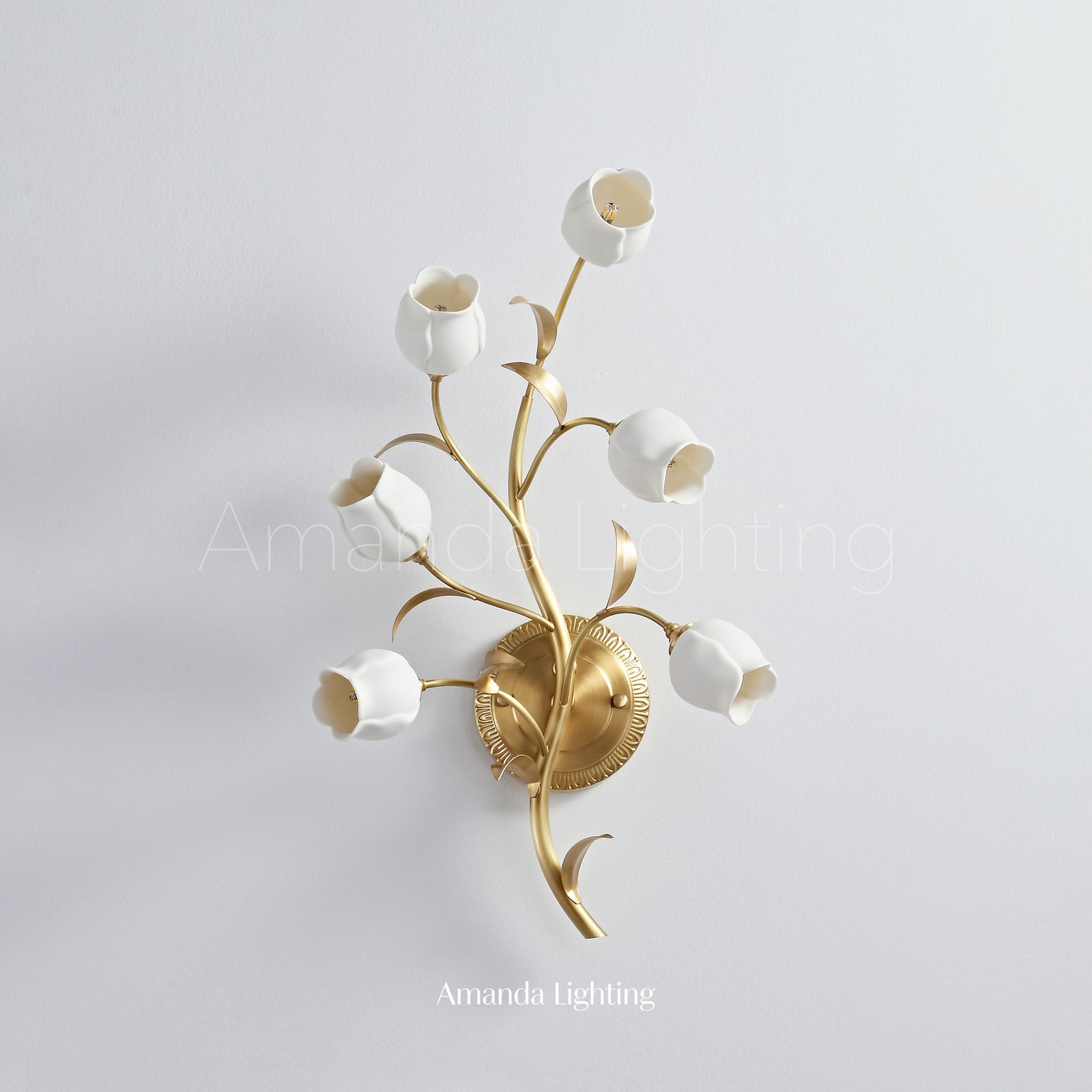 Modern Brass Wall Sconce With White Ceramic Tulip Shades - 6 Lights