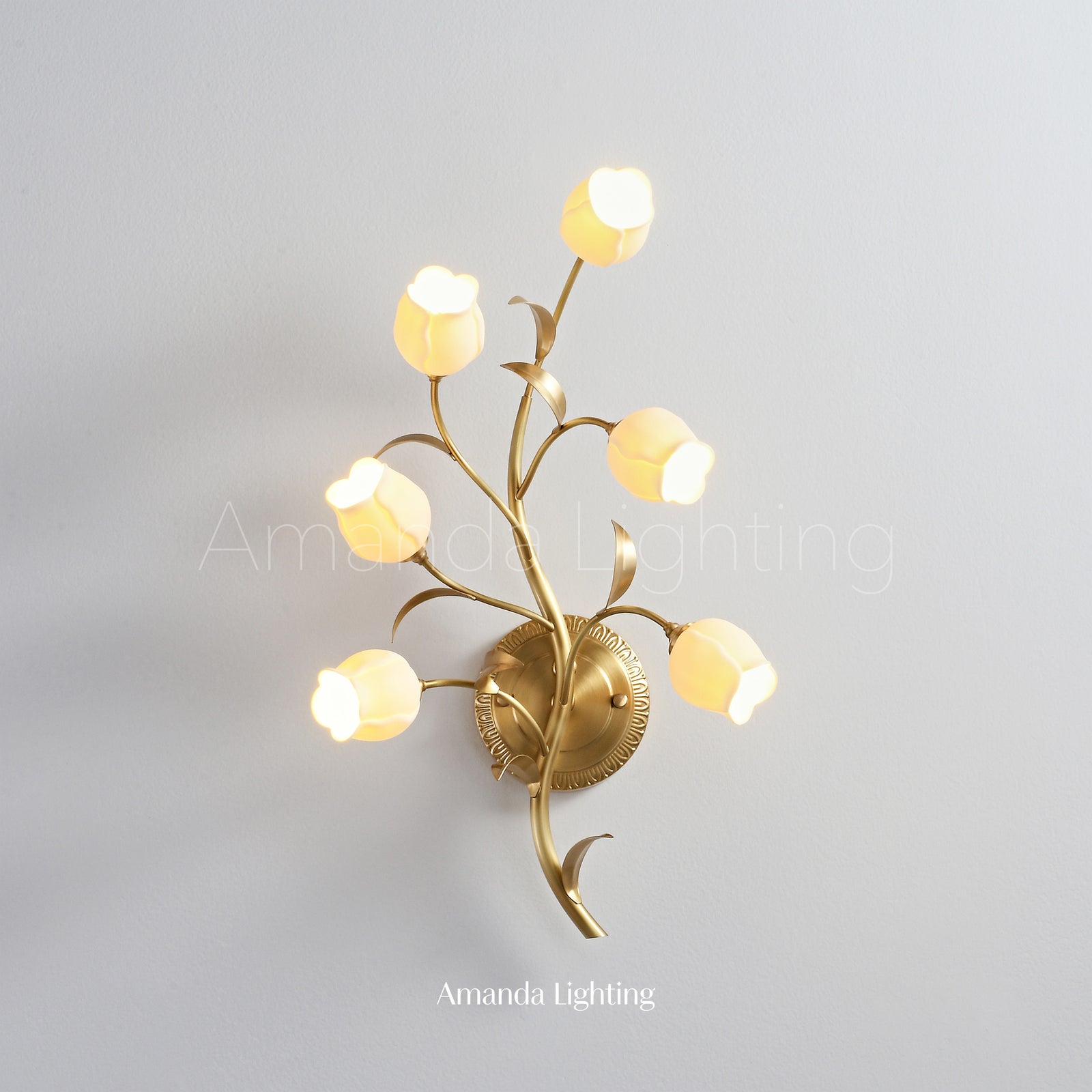 Modern Brass Wall Sconce With White Ceramic Tulip Shades - 6 Lights