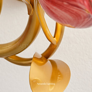 Classic Brass Wall Sconce With Pink Glass Tulip Shades - 3 Lights