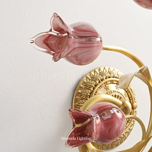 Classic Brass Wall Sconce With Pink Glass Tulip Shades - 6 Lights