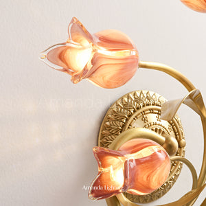 Classic Brass Wall Sconce With Pink Glass Tulip Shades - 6 Lights