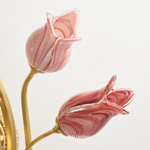 Classic Brass Wall Sconce With Pink Glass Tulip Shades - 6 Lights