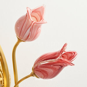 Classic Brass Wall Sconce With Pink Glass Tulip Shades - 3 Lights