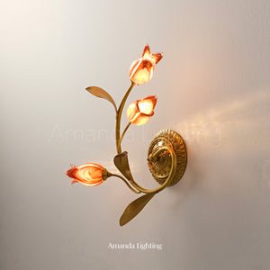 Classic Brass Wall Sconce With Pink Glass Tulip Shades - 3 Lights