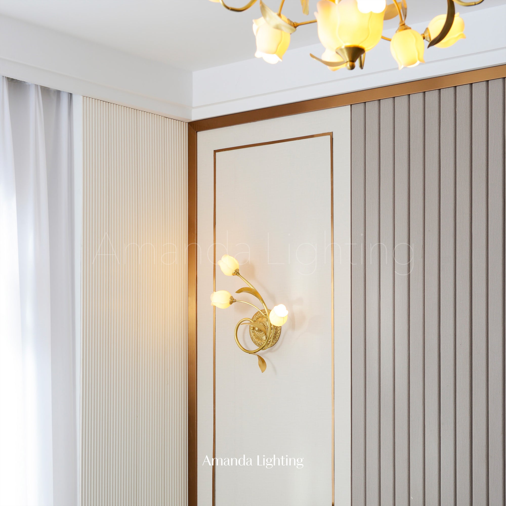 Classic Brass Wall Sconce With White Ceramic Tulip Shades - 3 Lights