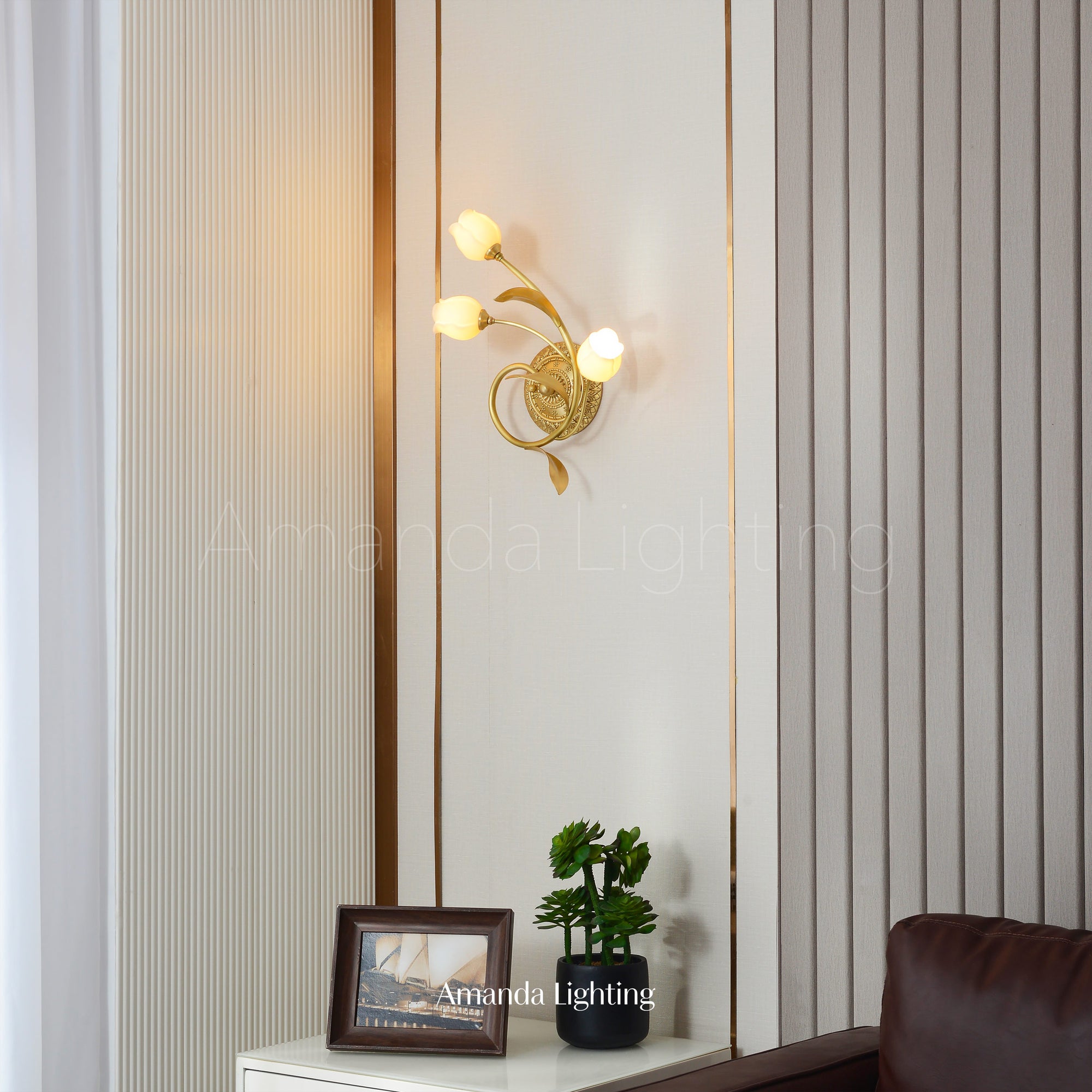 Classic Brass Wall Sconce With White Ceramic Tulip Shades - 3 Lights