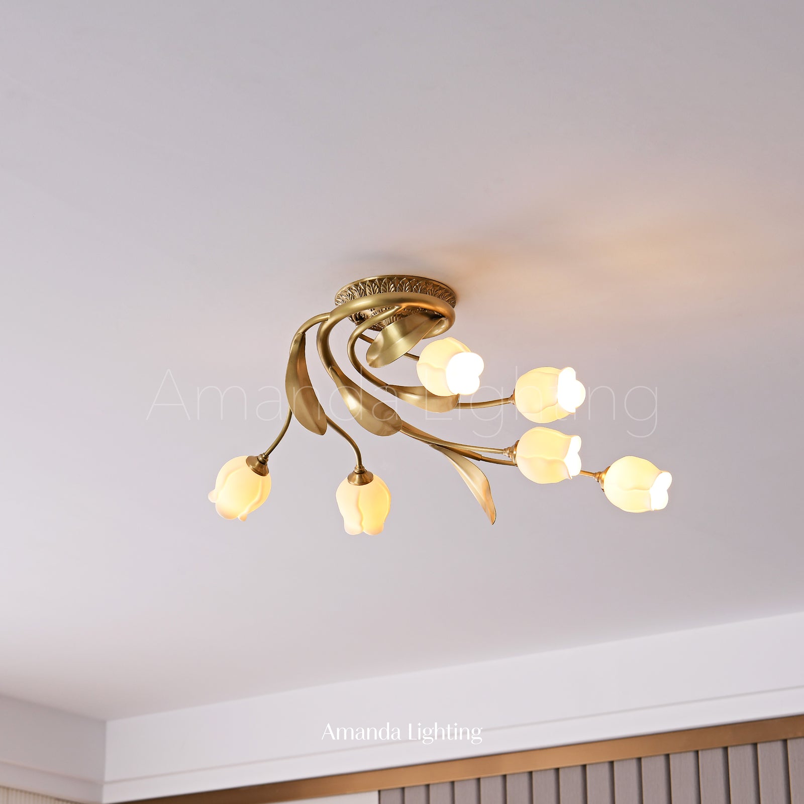 Art Nouveau Semi Flush Light With White Ceramic Flower Shades - 6 Lights