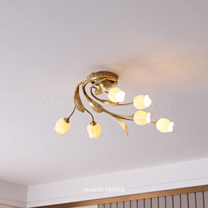 Classic Brass Wall Sconce With White Ceramic Tulip Shades - 6 Lights