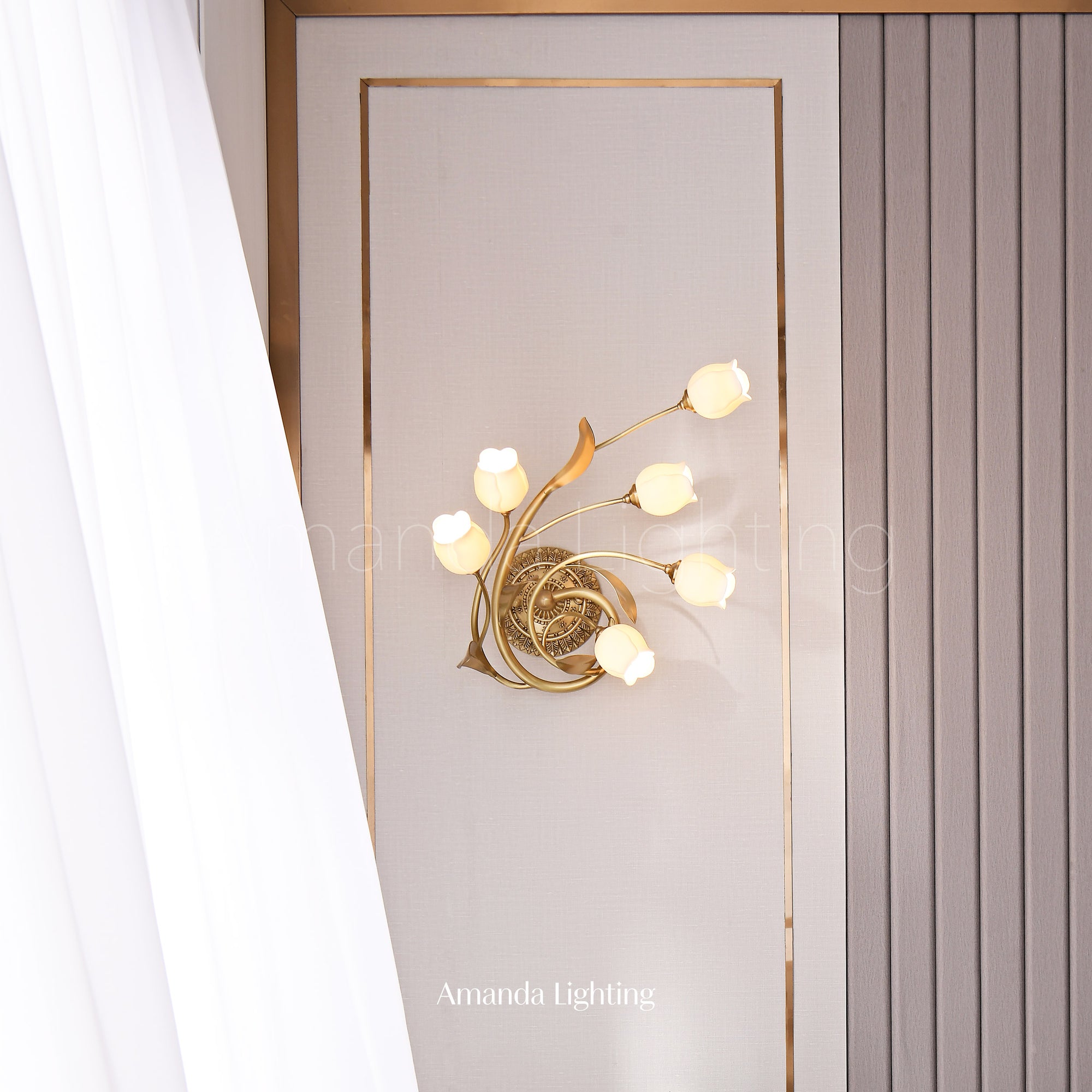 Classic Brass Wall Sconce With White Ceramic Tulip Shades - 6 Lights