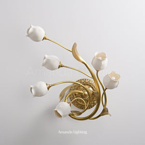 Classic Brass Wall Sconce With White Ceramic Tulip Shades - 6 Lights