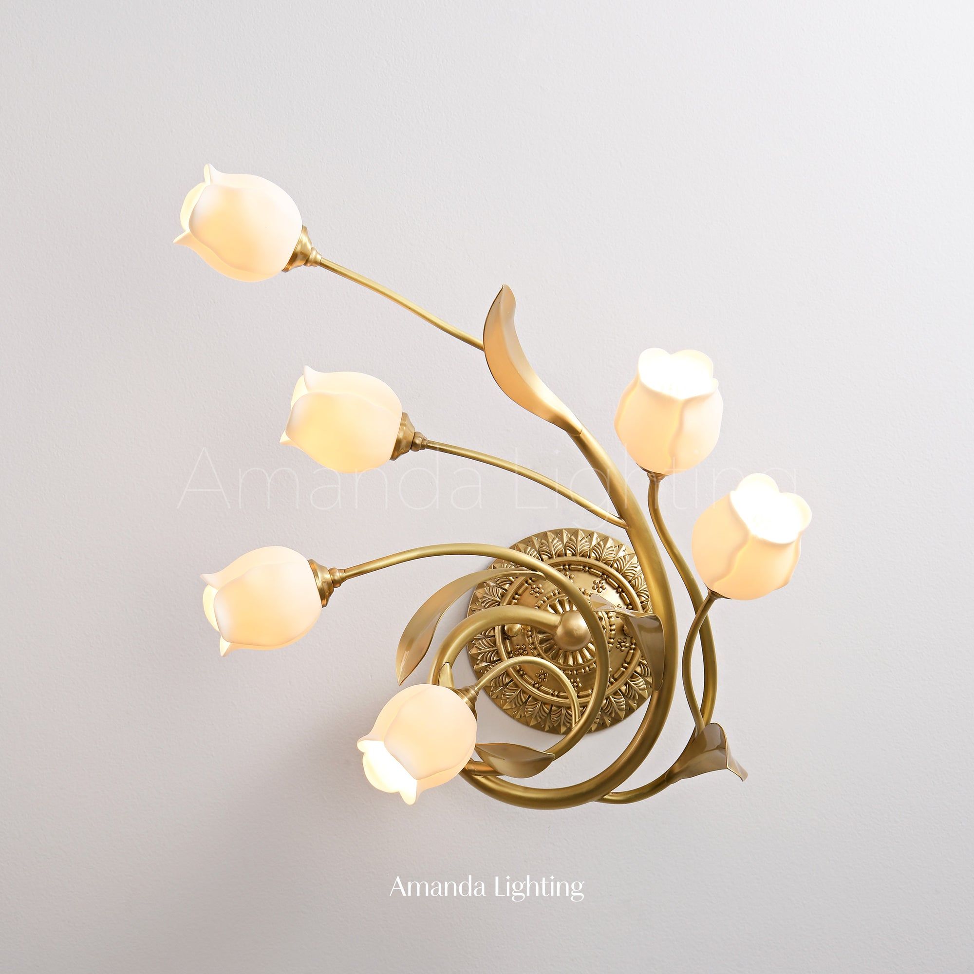 Classic Brass Wall Sconce With White Ceramic Tulip Shades - 6 Lights