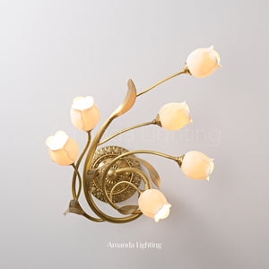 Classic Brass Wall Sconce With White Ceramic Tulip Shades - 6 Lights