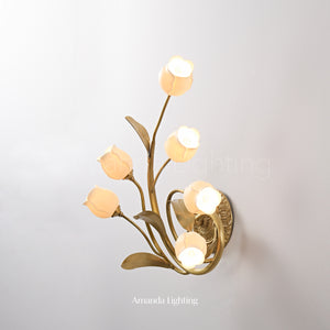 Classic Brass Wall Sconce With White Ceramic Tulip Shades - 6 Lights