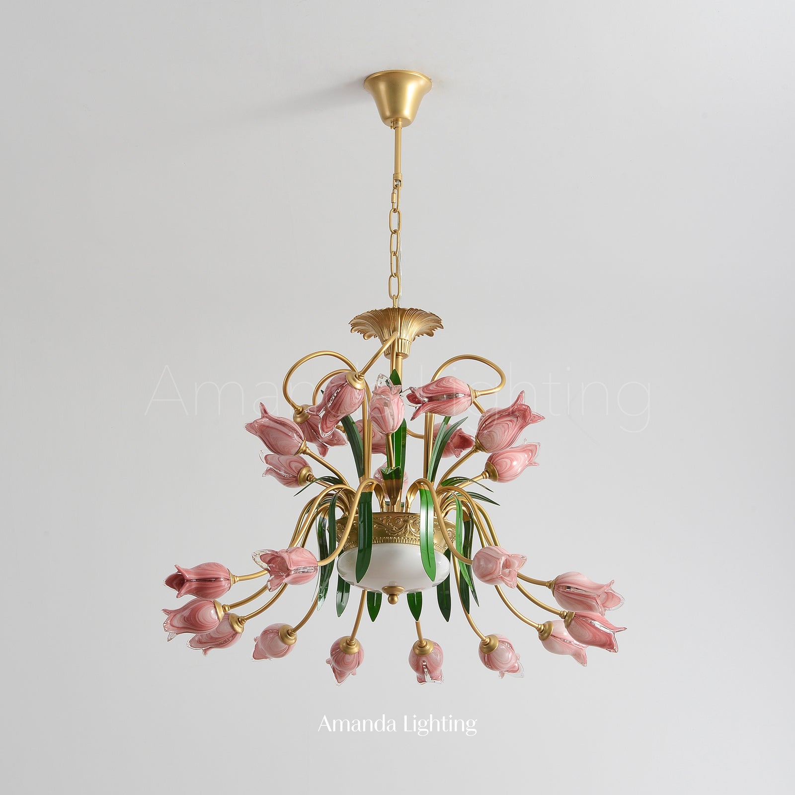 Antique Floral Chandelier Lighting With Pink Tulip Lamp Shades - 24 Lights