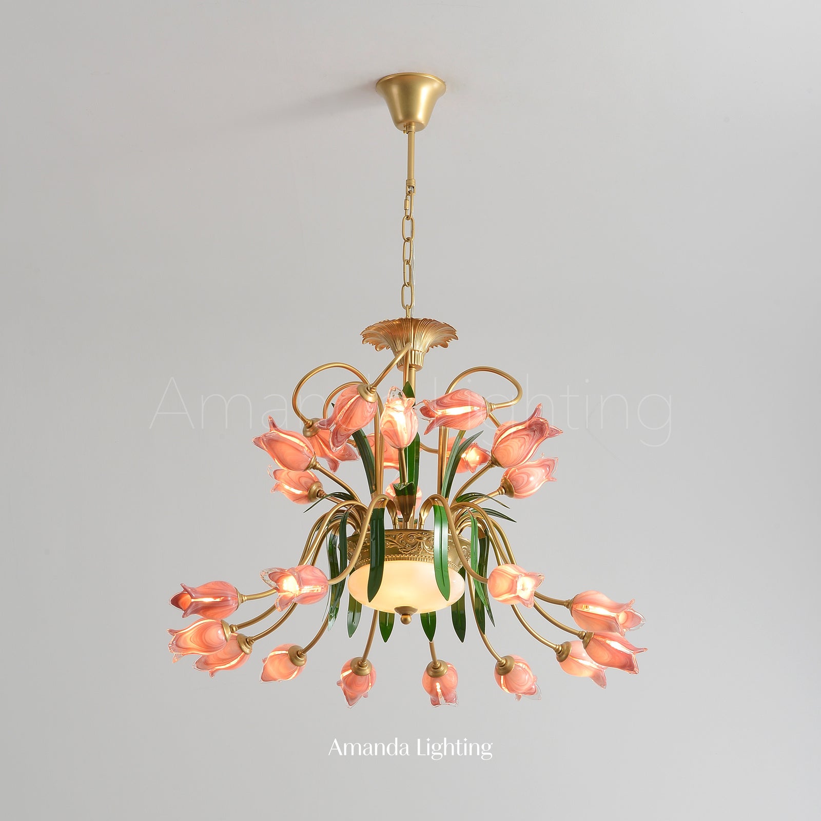 Antique Floral Chandelier Lighting With Pink Tulip Lamp Shades - 24 Lights