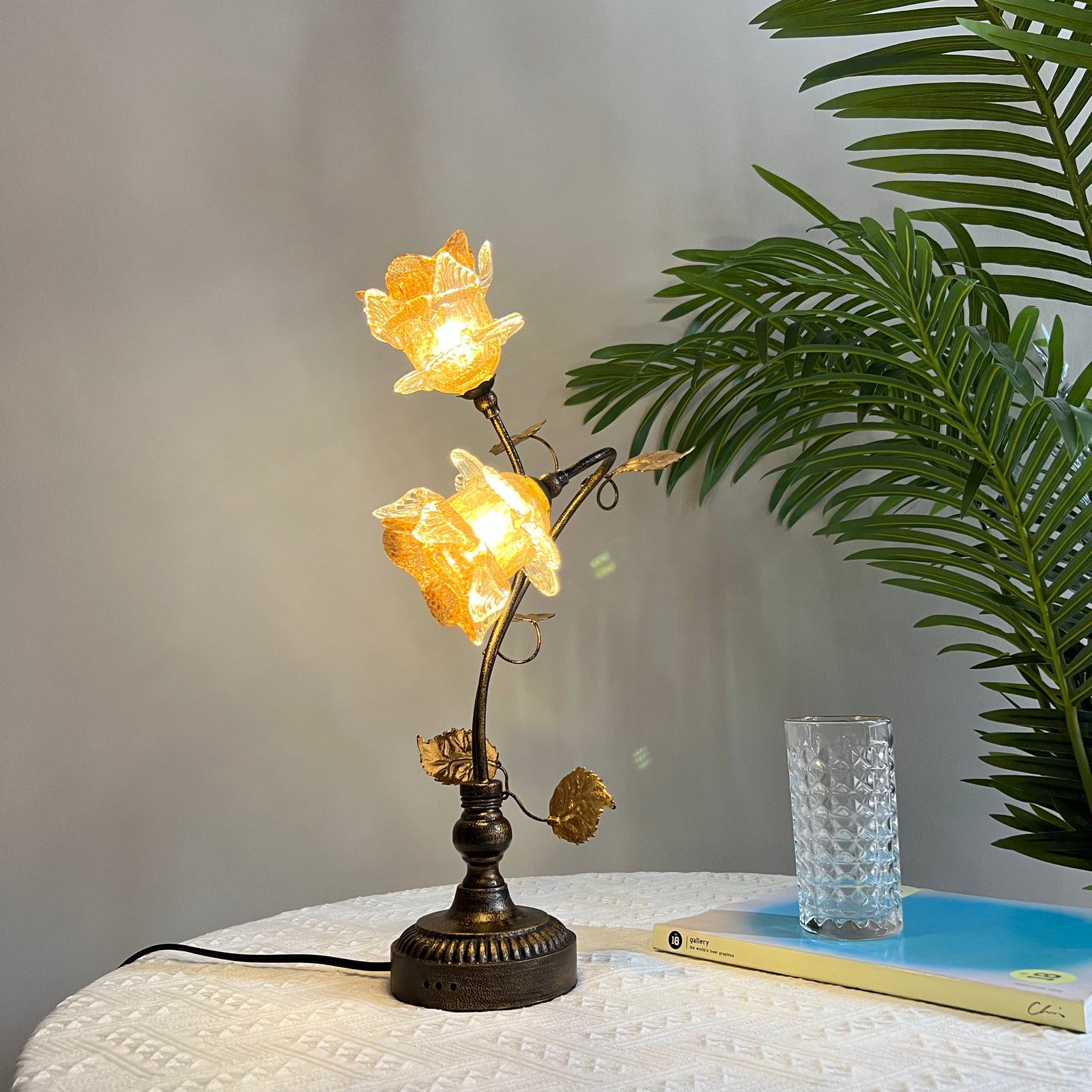 Antique Table Lamp With Gold Sand Rose Flower Lamp Shades - 2 Lights