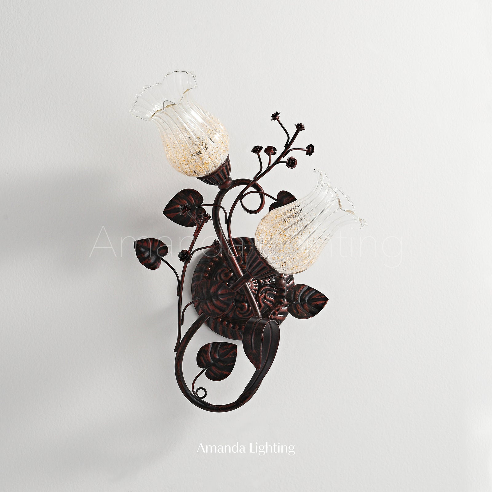 Brushed Black Wall Sconce Light With Clear Flower Glass Lamp Shades - 2 Lights