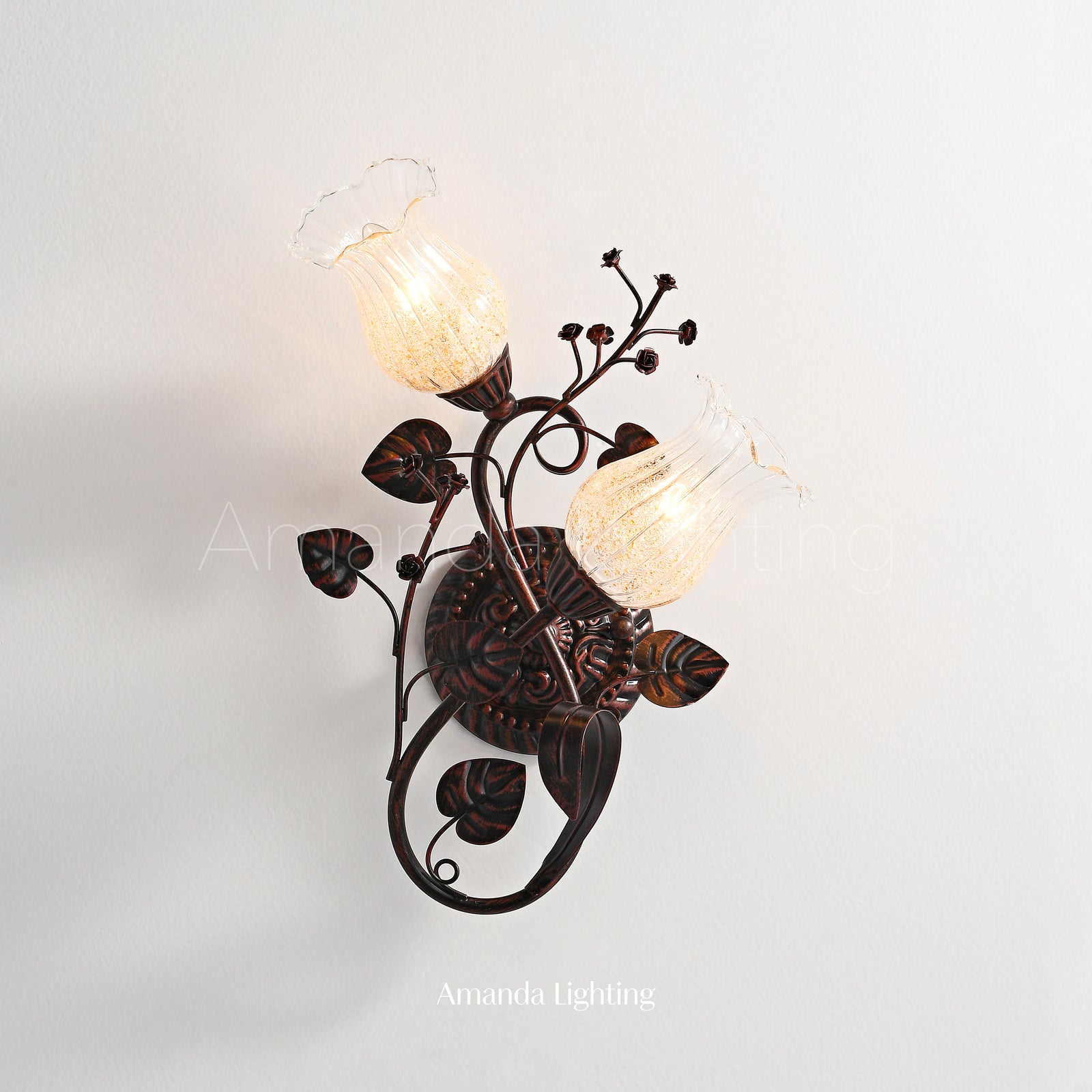 Brushed Black Wall Sconce Light With Clear Flower Glass Lamp Shades - 2 Lights