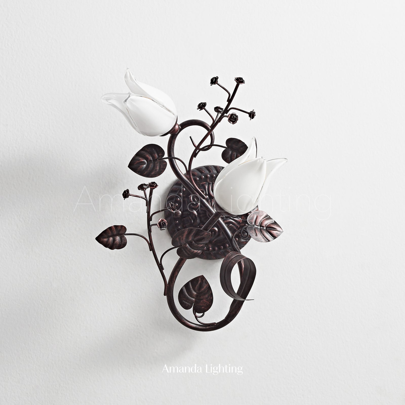 Antique Black Wall Sconce Light With White Tulip Flower Lamp Shades - 2 Lights