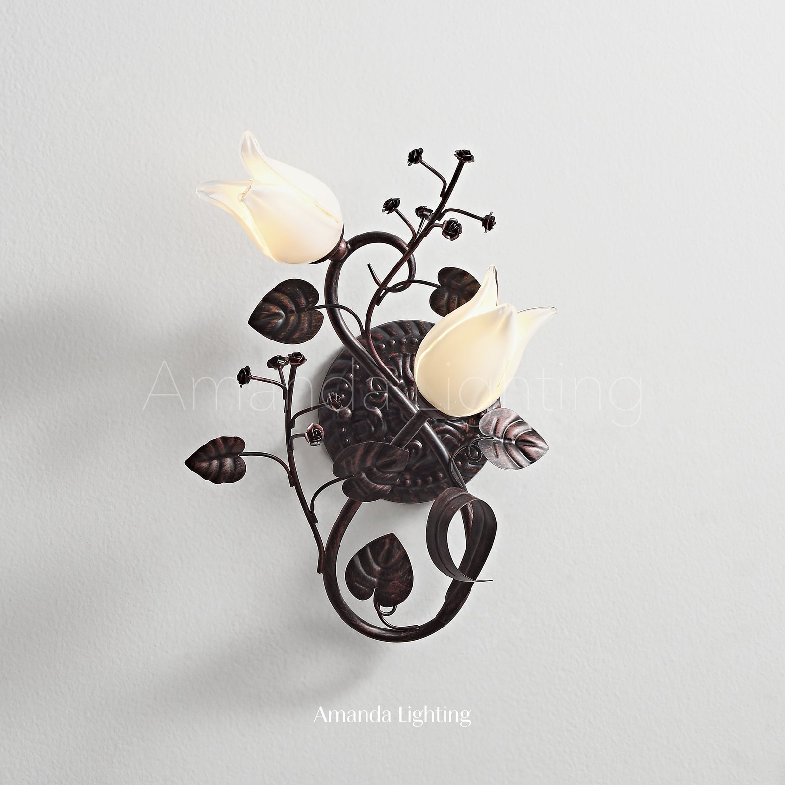 Antique Black Wall Sconce Light With White Tulip Flower Lamp Shades - 2 Lights