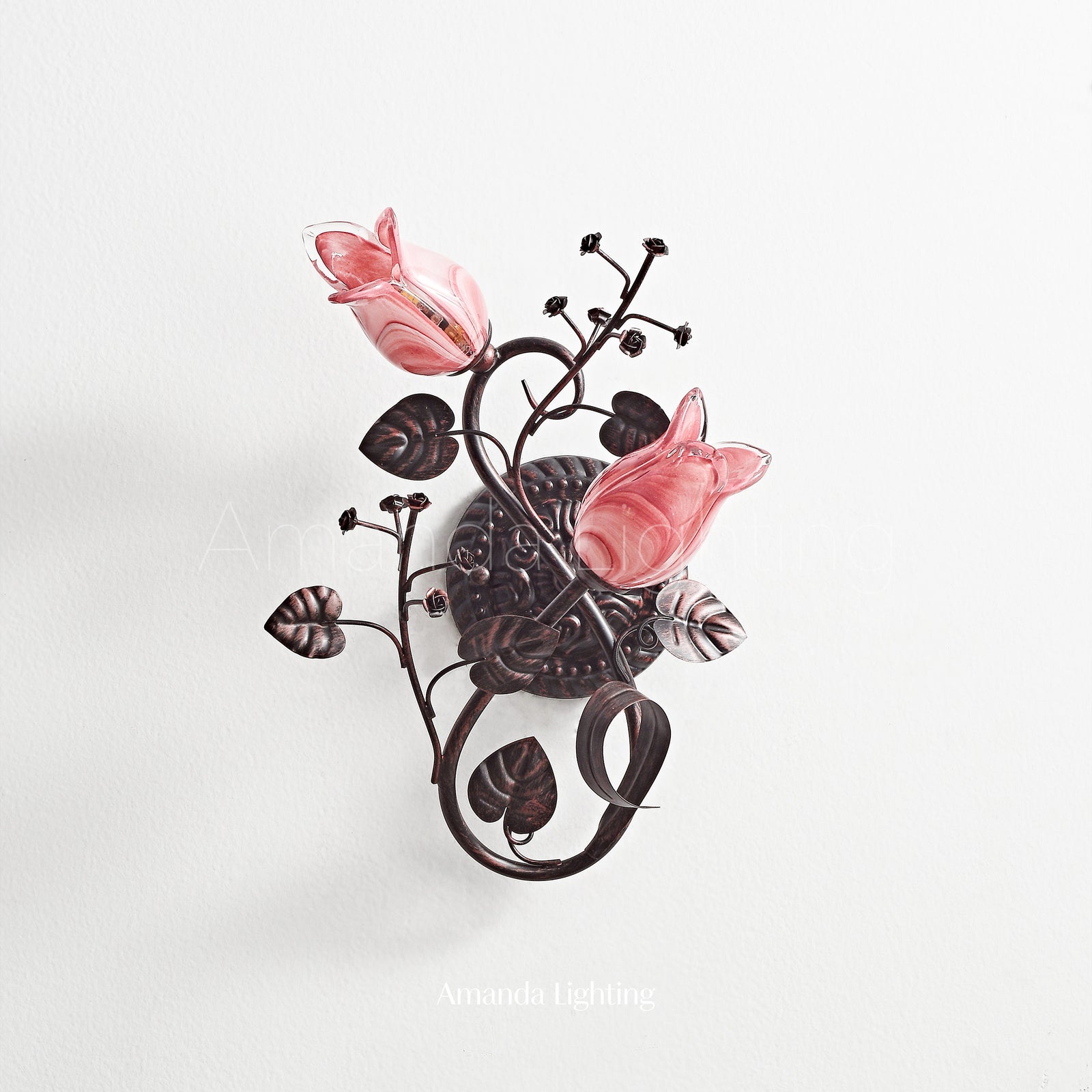 Antique Black Wall Sconce Light With Pink Tulip Flower Lamp Shades - 2 Lights