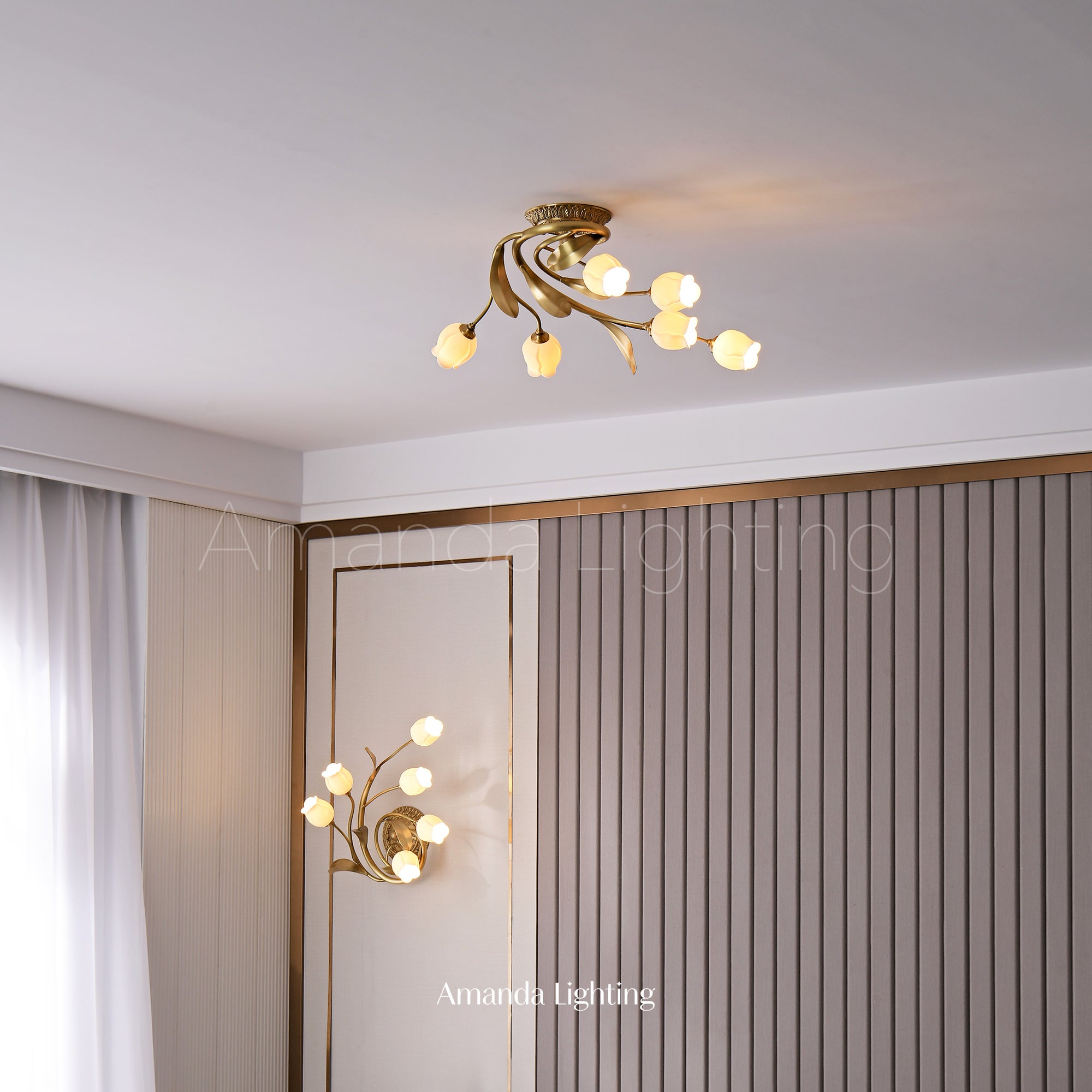 Art Nouveau Semi Flush Light With White Ceramic Flower Shades - 6 Lights