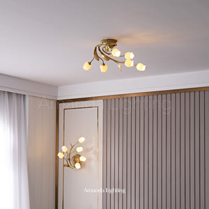 Art Nouveau Semi Flush Light With White Ceramic Flower Shades - 6 Lights