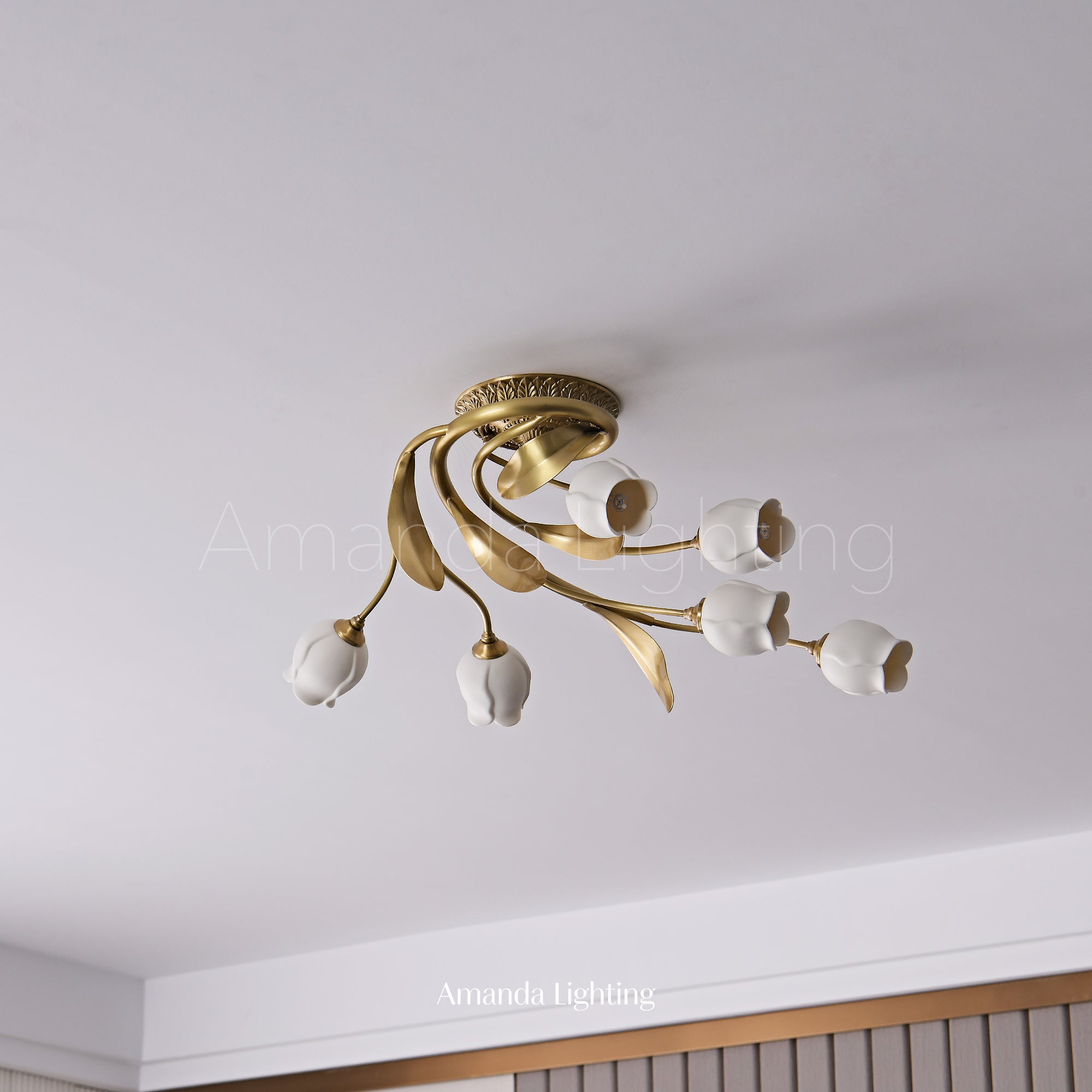 Art Nouveau Semi Flush Light With White Ceramic Flower Shades - 6 Lights