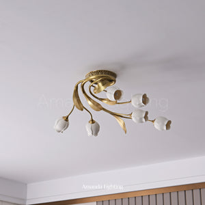 Art Nouveau Semi Flush Light With White Ceramic Flower Shades - 6 Lights