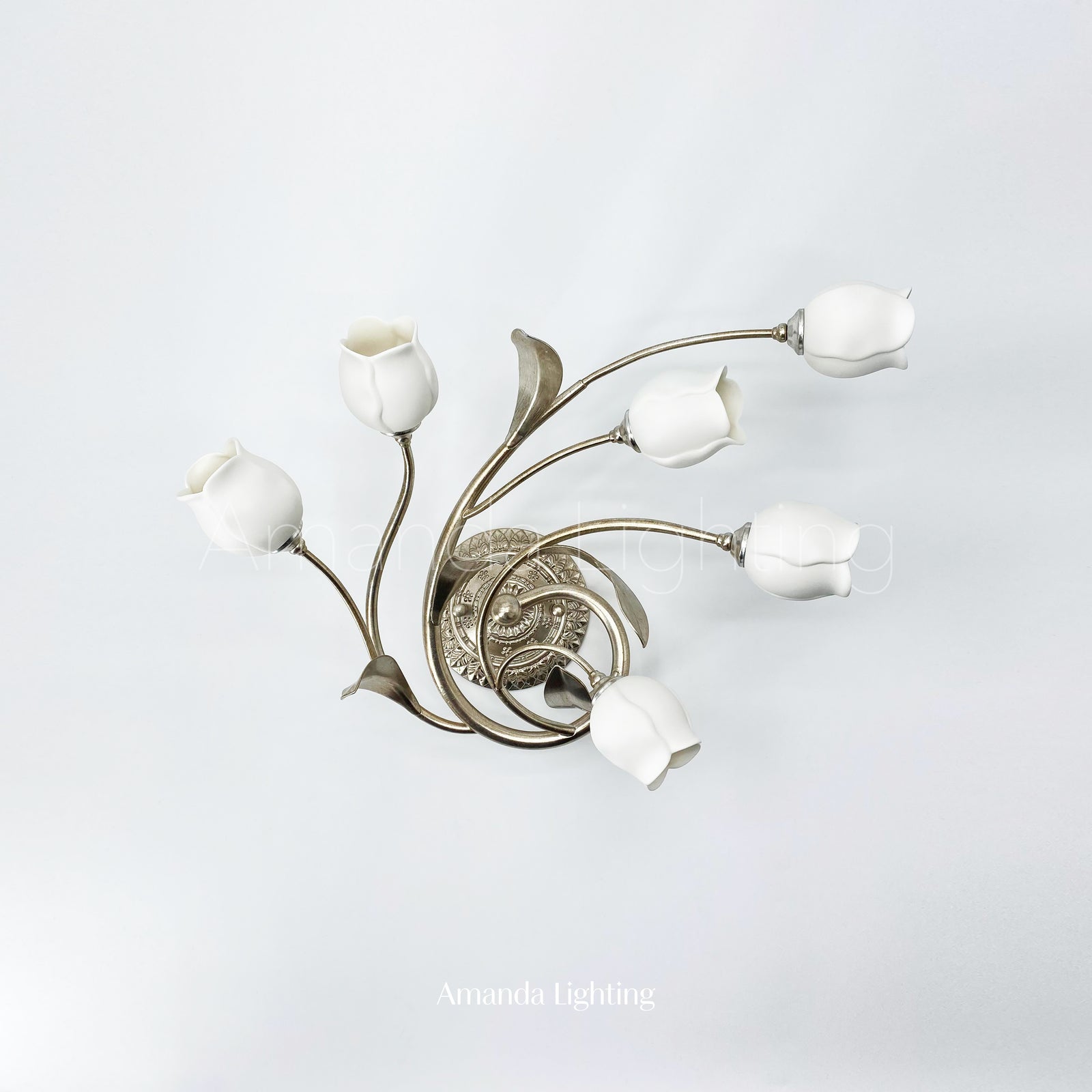 Antique Silver Wall Sconce With White Ceramic Tulip Shades - 6 Lights