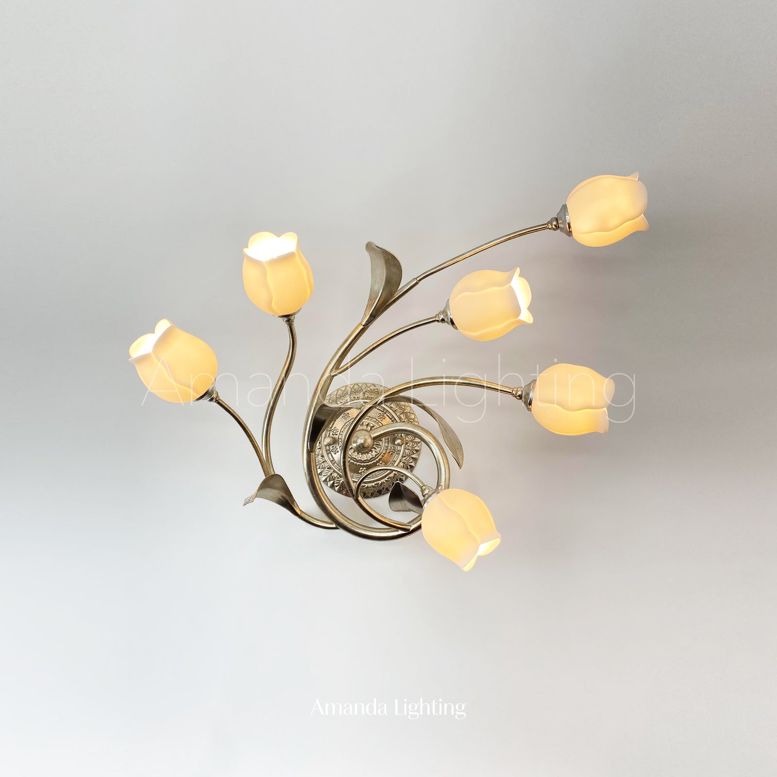 Antique Silver Wall Sconce With White Ceramic Tulip Shades - 6 Lights