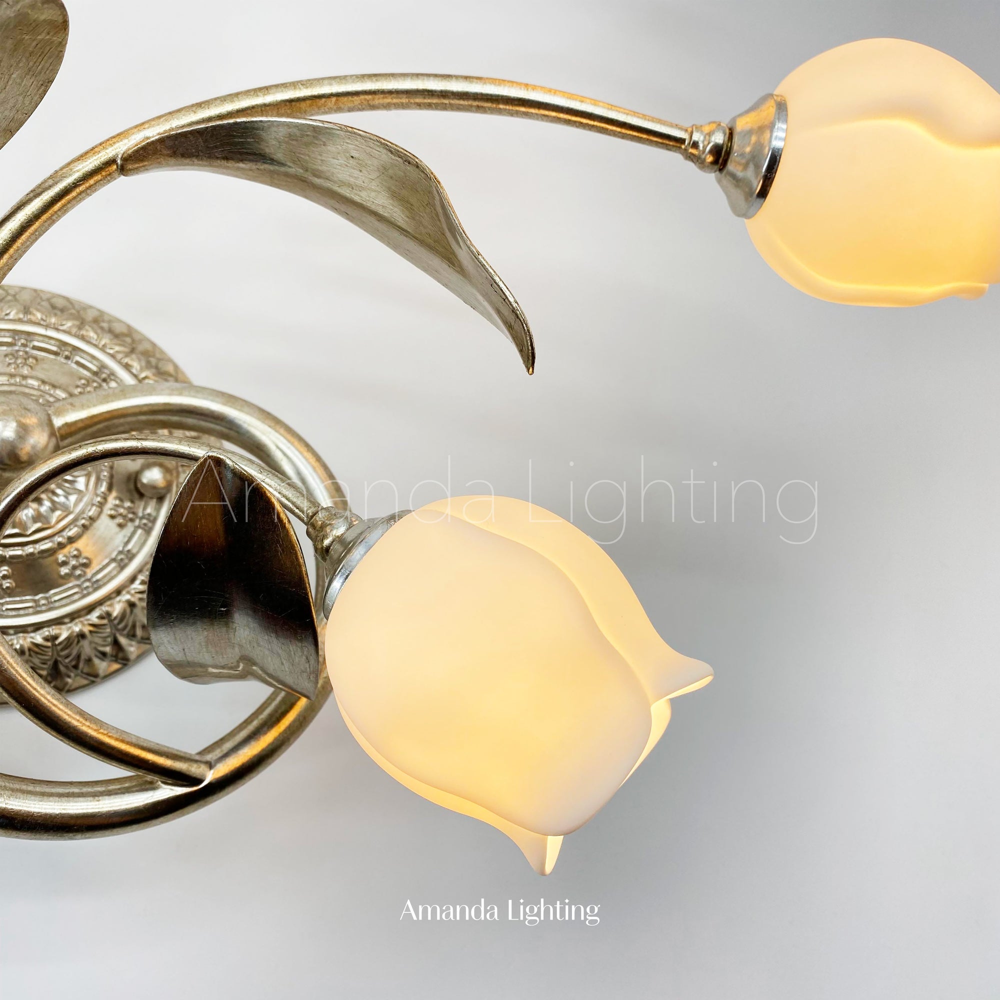 Antique Silver Wall Sconce With White Ceramic Tulip Shades - 6 Lights