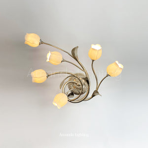 Antique Silver Wall Sconce With White Ceramic Tulip Shades - 6 Lights