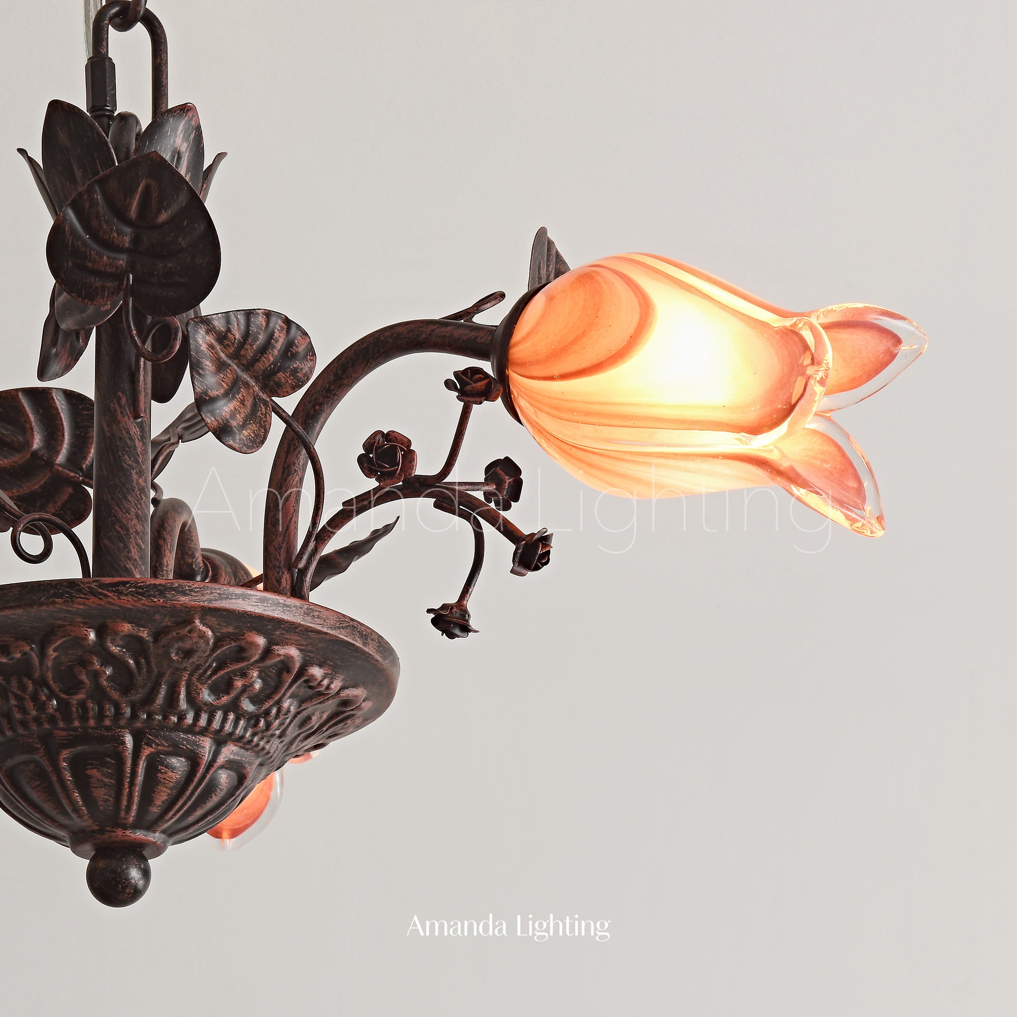 Floral Chandelier With Pink Tulip Lamp Shades - 3 Lights