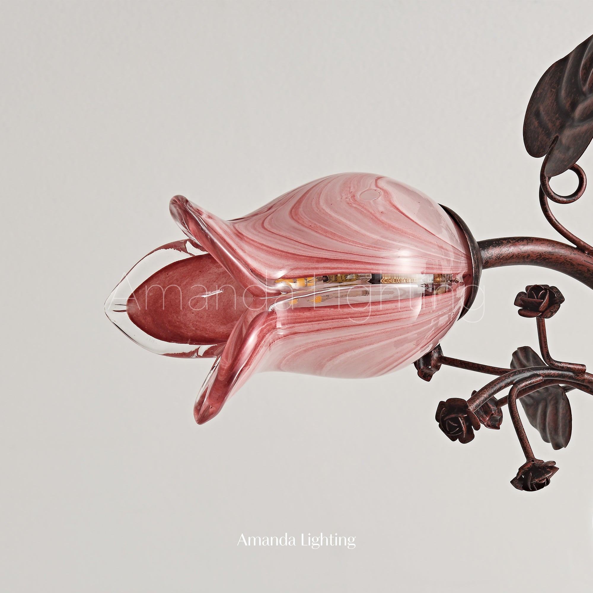 Floral Chandelier With Pink Tulip Lamp Shades - 3 Lights