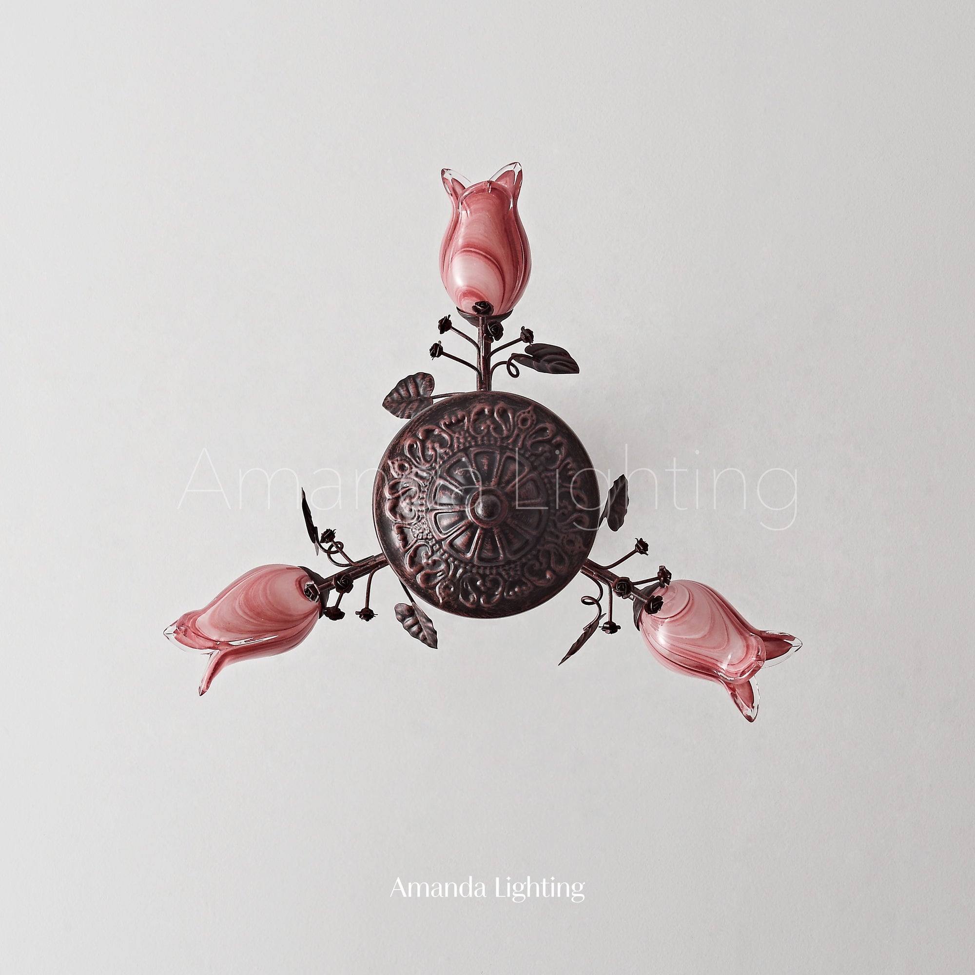 Floral Chandelier With Pink Tulip Lamp Shades - 3 Lights