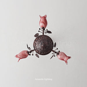 Floral Chandelier With Pink Tulip Lamp Shades - 3 Lights