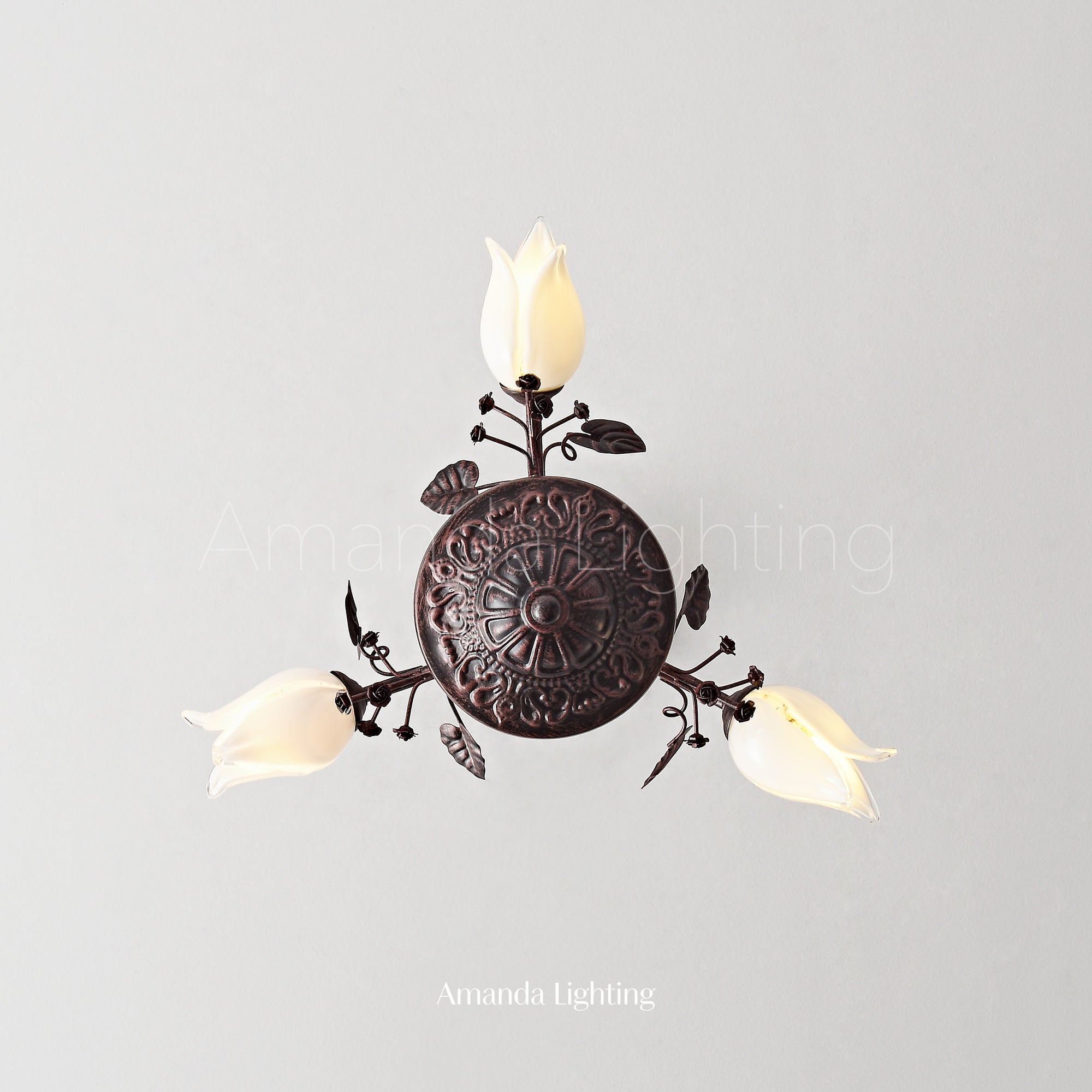 Floral Chandelier With White Tulip Lamp Shades - 3 Lights