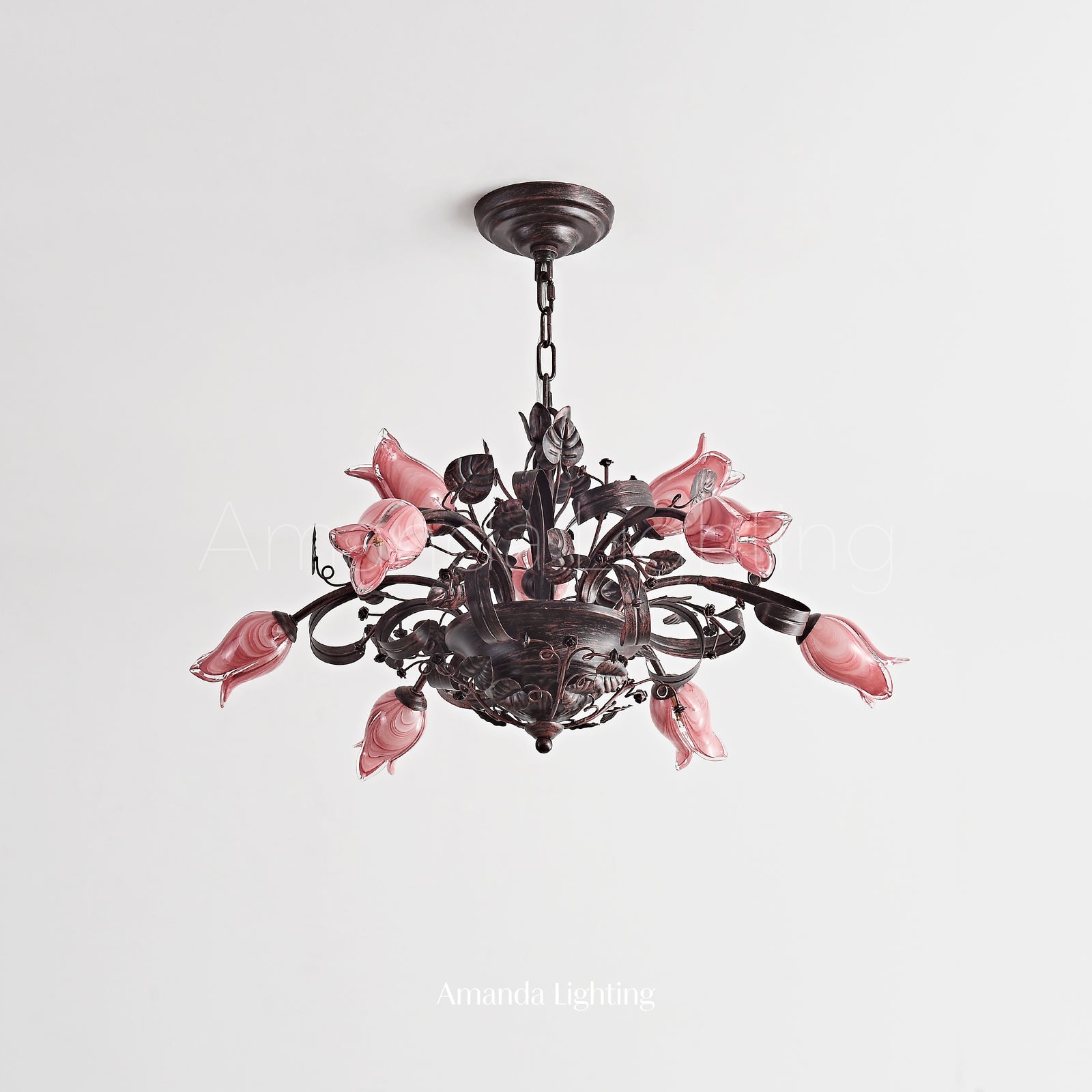 Floral Chandelier With Pink Tulip Lamp Shades - 6+3 Lights