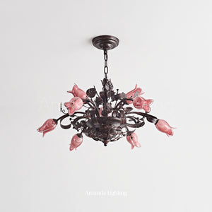 Floral Chandelier With Pink Tulip Lamp Shades - 6+3 Lights