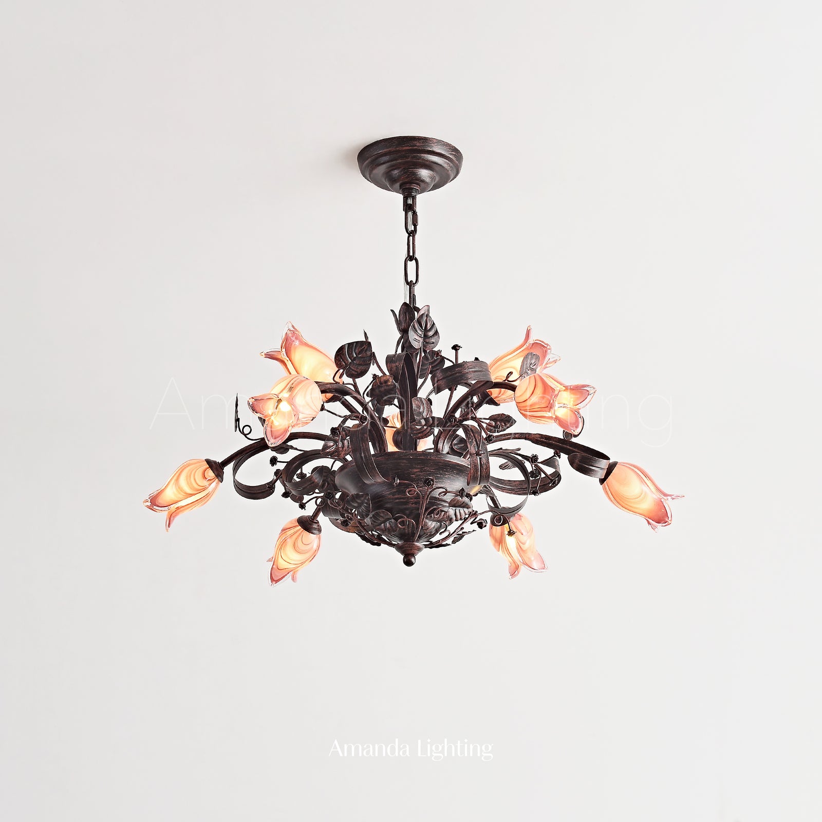 Floral Chandelier With Pink Tulip Lamp Shades - 6+3 Lights