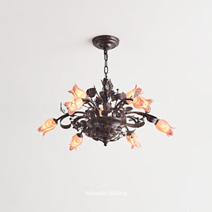 Floral Chandelier With Pink Tulip Lamp Shades - 6+3 Lights