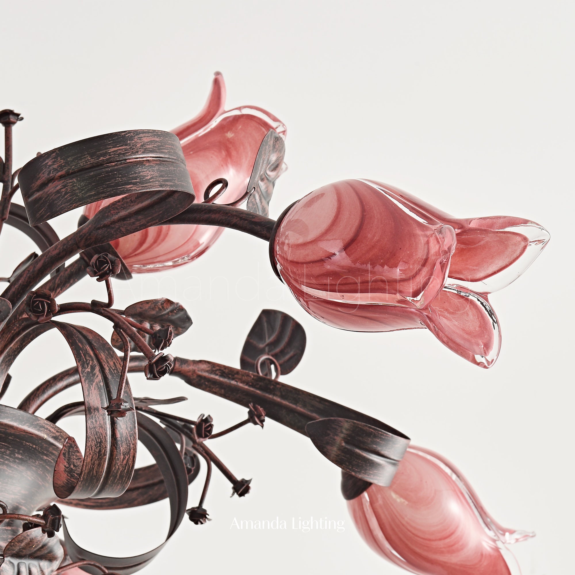 Floral Chandelier With Pink Tulip Lamp Shades - 6+3 Lights