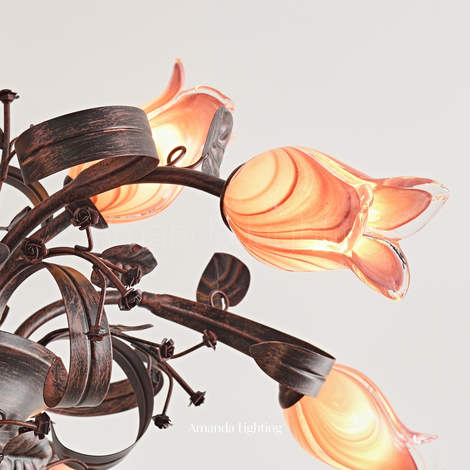 Floral Chandelier With Pink Tulip Lamp Shades - 6+3 Lights