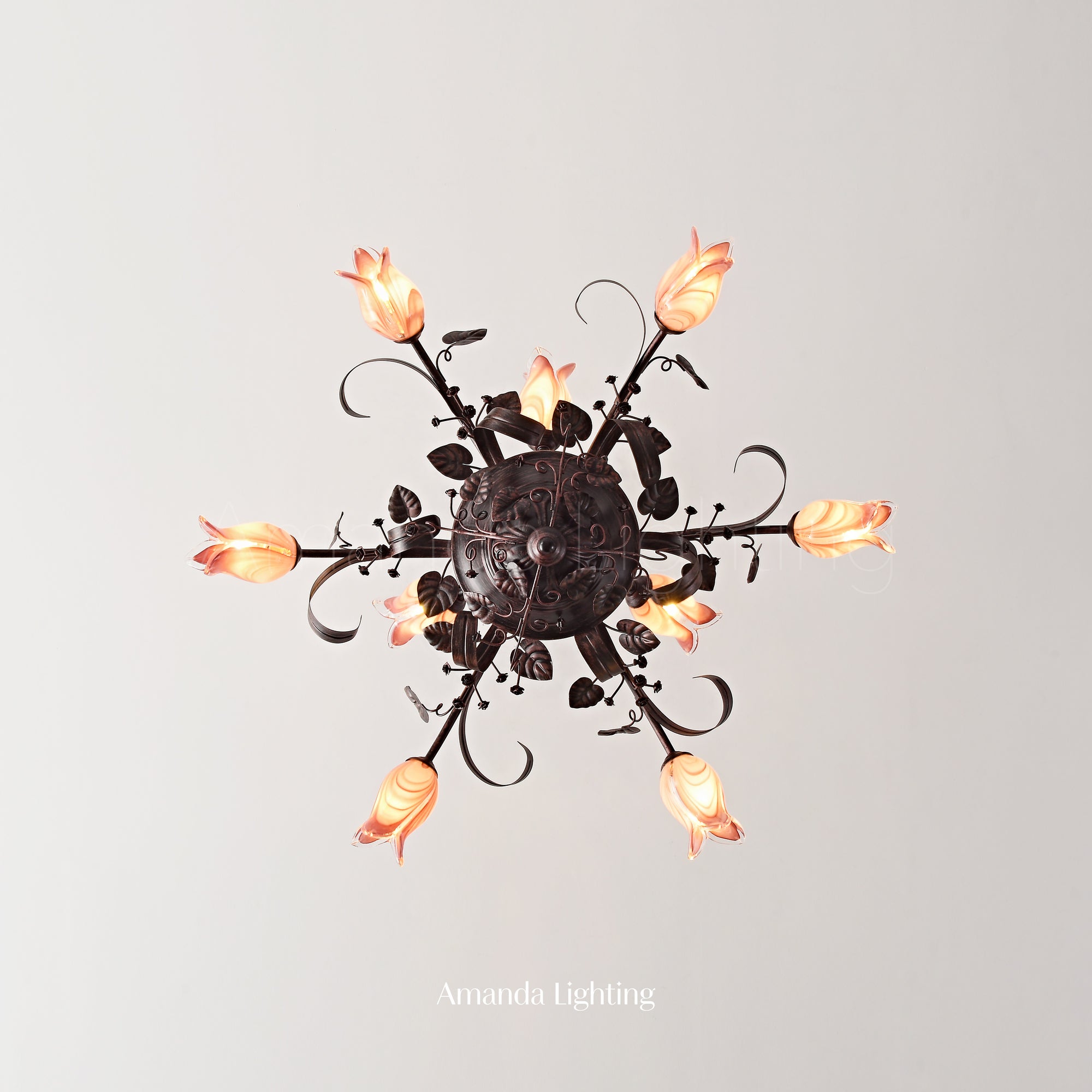 Floral Chandelier With Pink Tulip Lamp Shades - 6+3 Lights