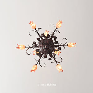 Floral Chandelier With Pink Tulip Lamp Shades - 6+3 Lights