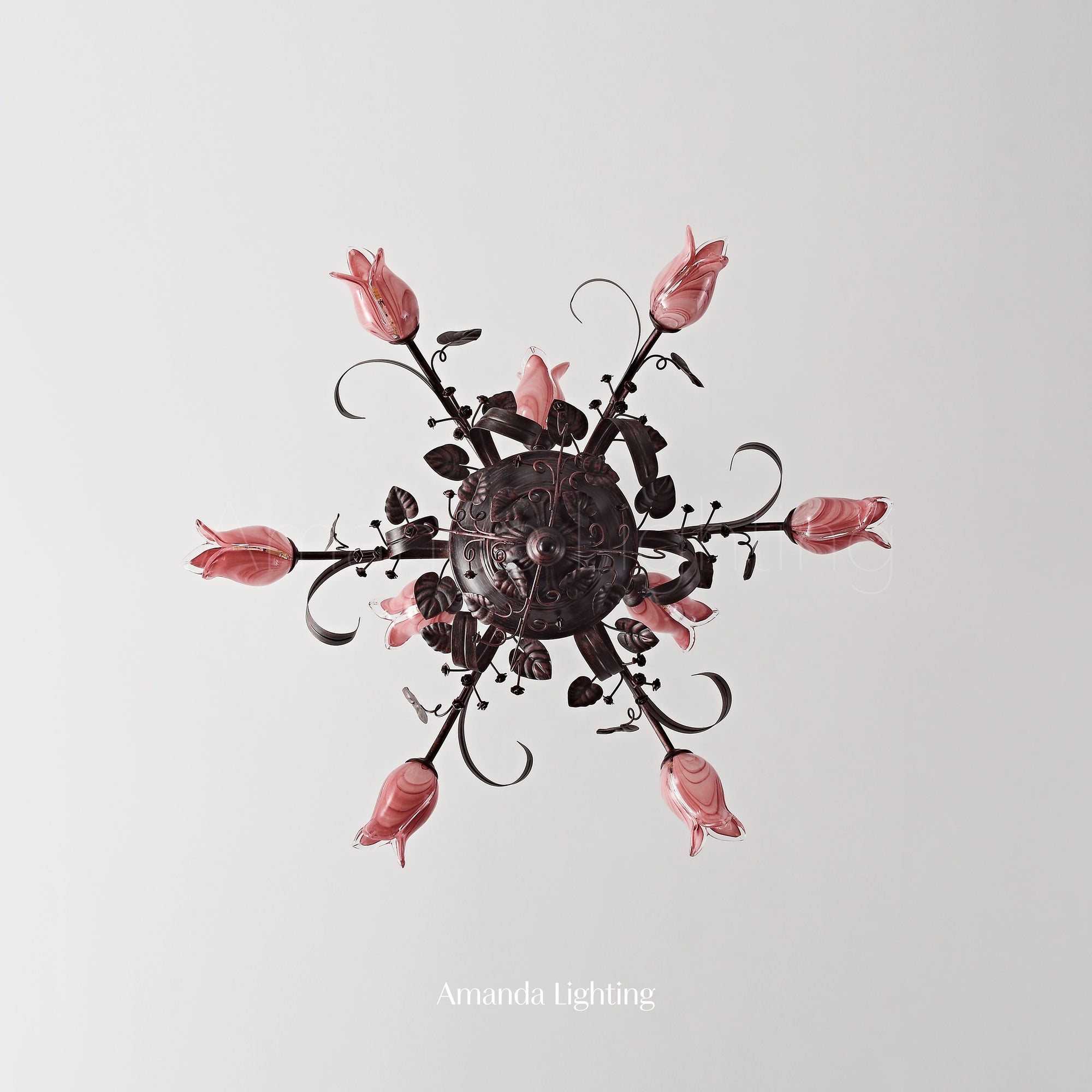 Floral Chandelier With Pink Tulip Lamp Shades - 6+3 Lights