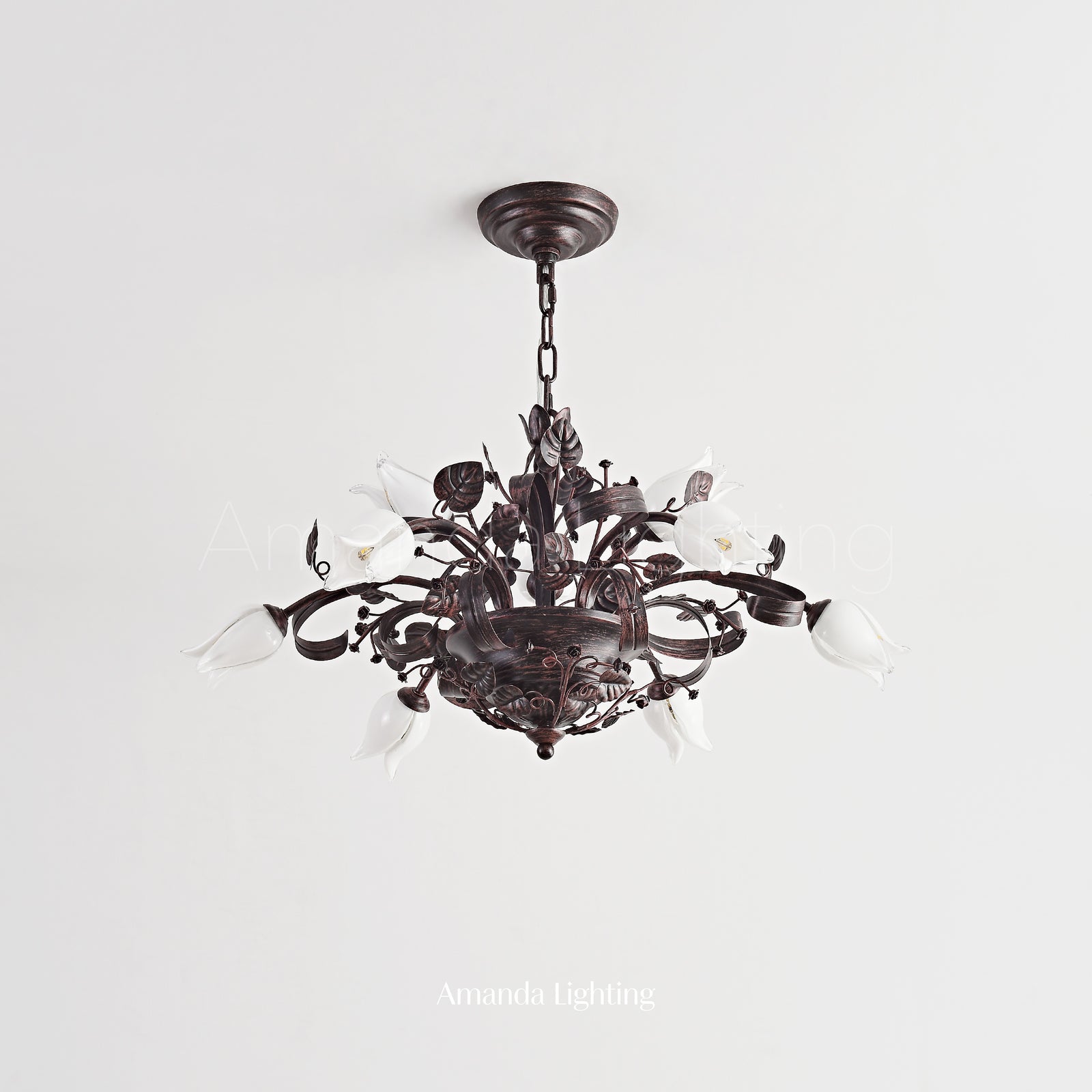 Floral Chandelier With White Tulip Lamp Shades - 6+3 Lights