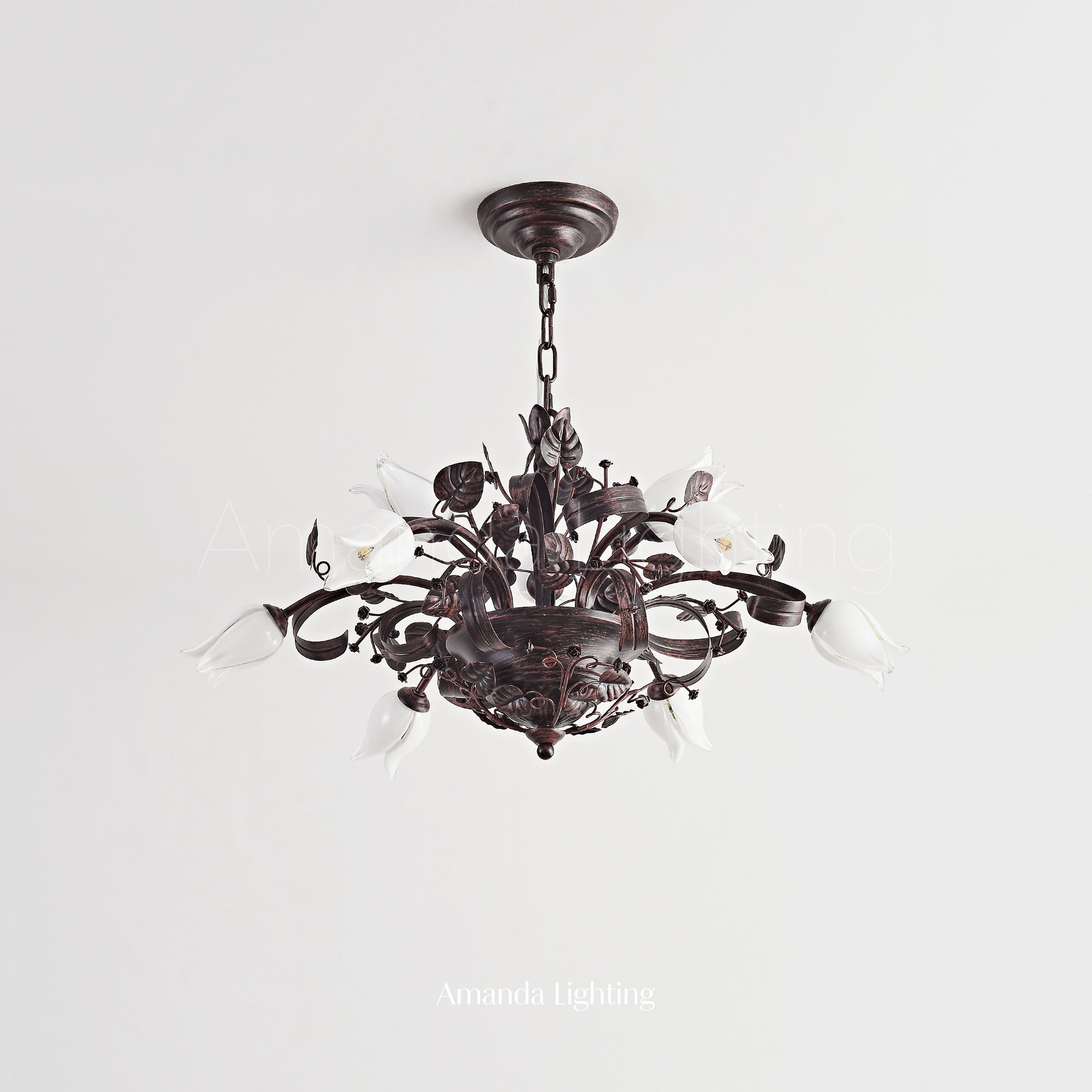 Floral Chandelier With White Tulip Lamp Shades - 6+3 Lights