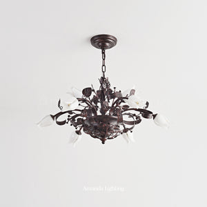Floral Chandelier With White Tulip Lamp Shades - 6+3 Lights